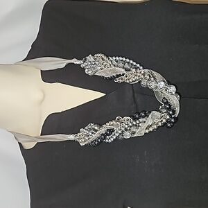 Ann Taylor Silver Statement Beaded Tie Ribbon Necklace
